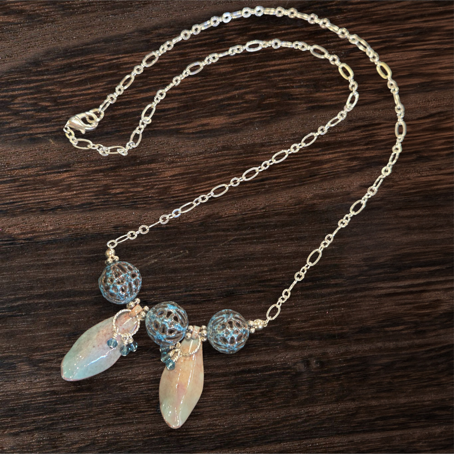 Whitney Necklace Enameled Copper Shapes on Silver Chain