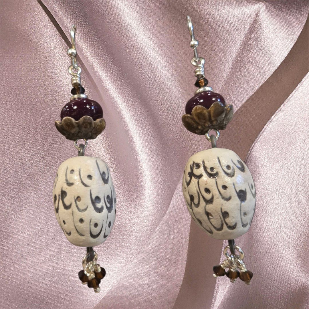 Whitney Earrings Burgandy Lampwork with Clay and Swarovski Crystals
