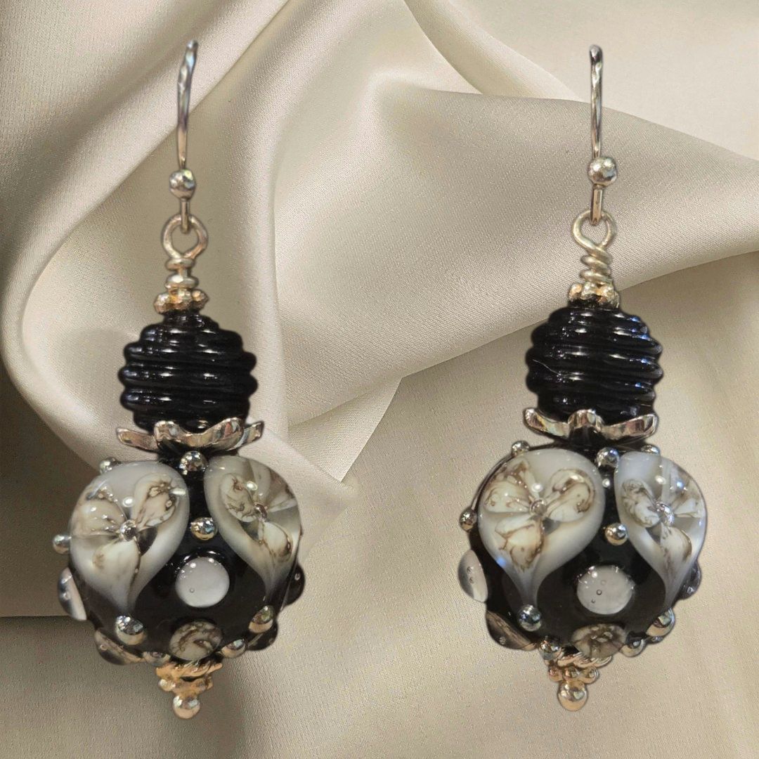 Whitney Earrings Black Swirled Bead with Black and White Lampwork Bead