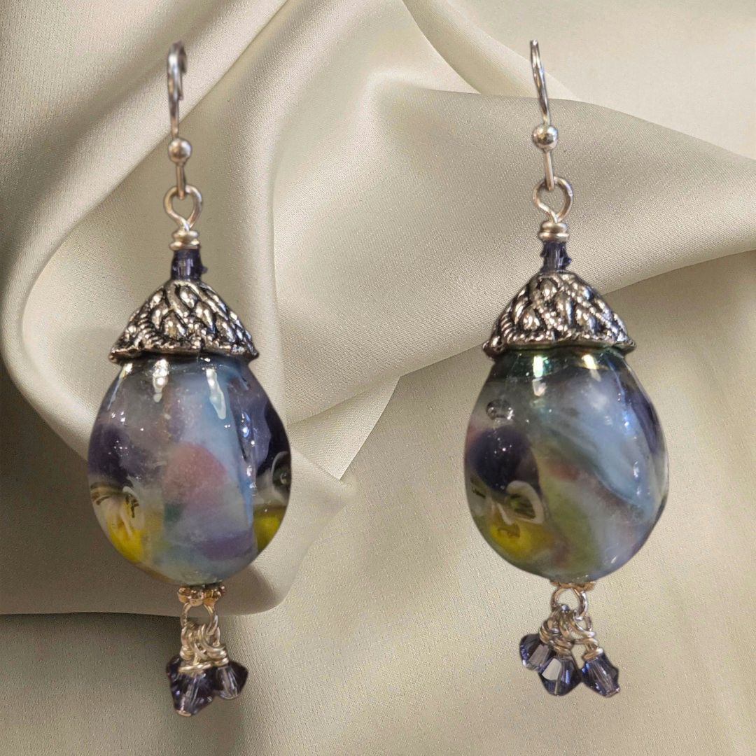 Whitney Earrings Galaxy Lampwork Teardrops with Swarovski Crystals
