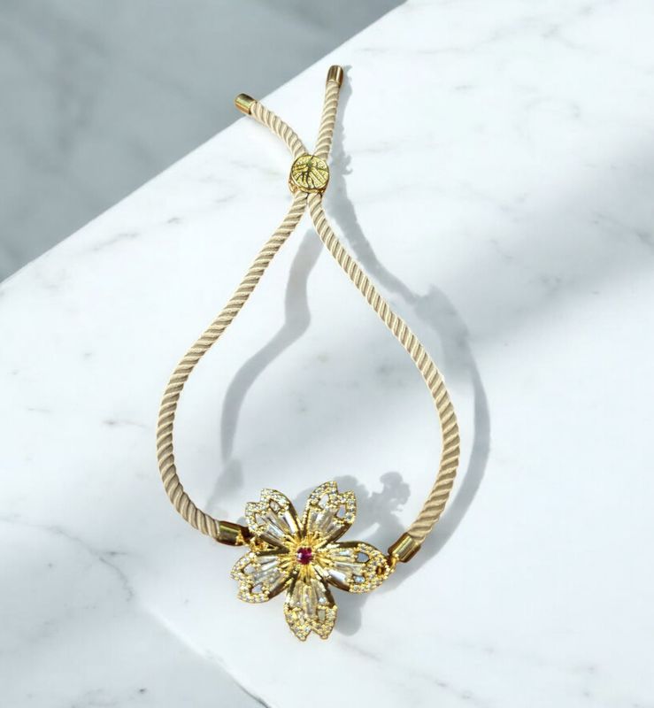 Kalli Bracelet Large Flower on Cord, CZ w/Ruby CZ