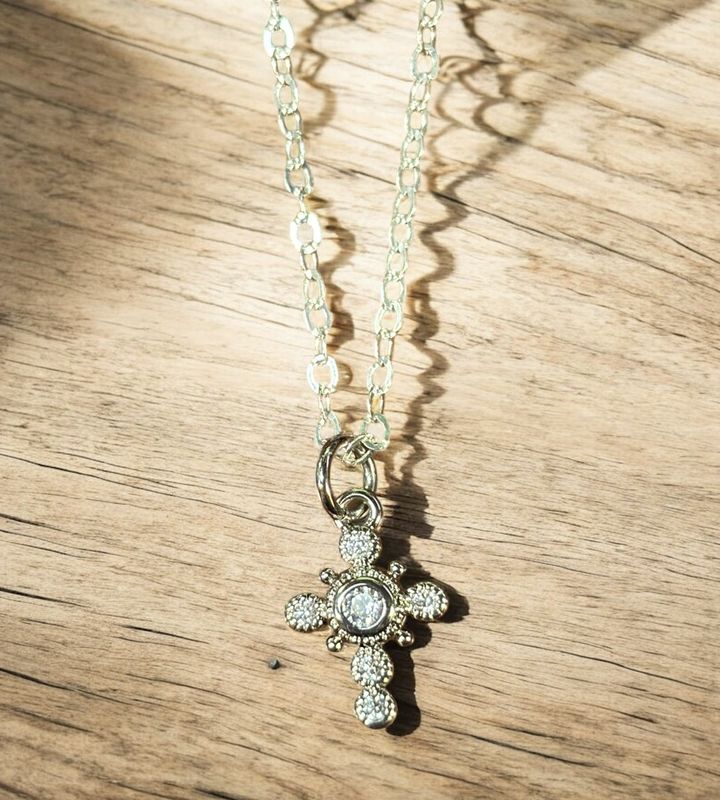 Kalli Necklace Mini Silver Plated Cross with Clear Crystal CZ&#39;s