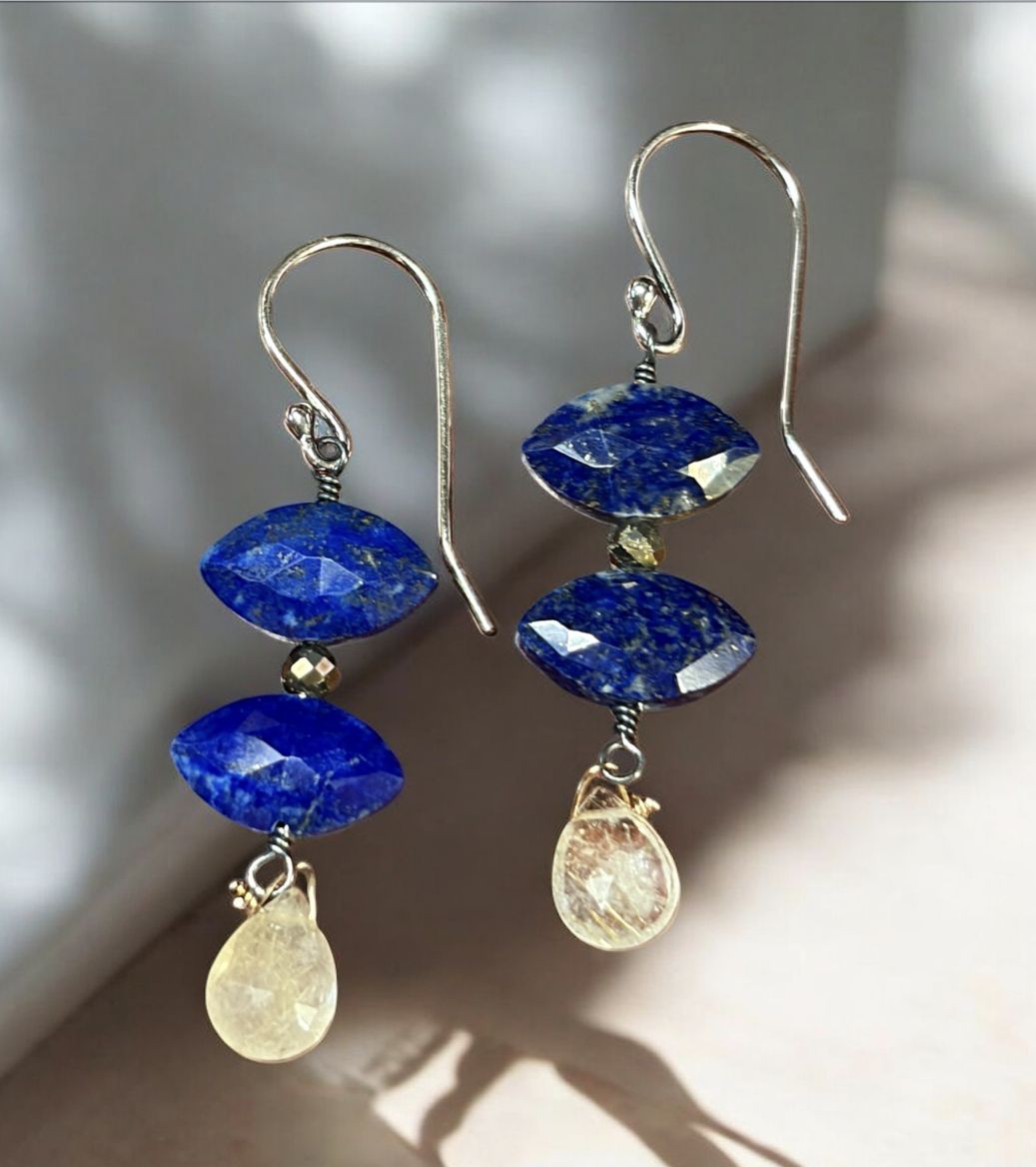 Littoral Earrings Lapis Marquise Cut with Rutile Quartz Drop