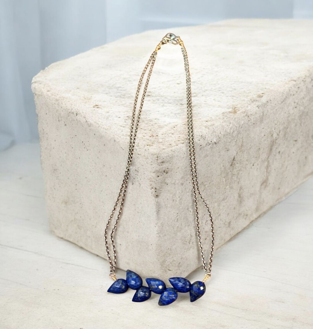 Littoral Necklace Faceted Bias Cut Lapis on Double Chain