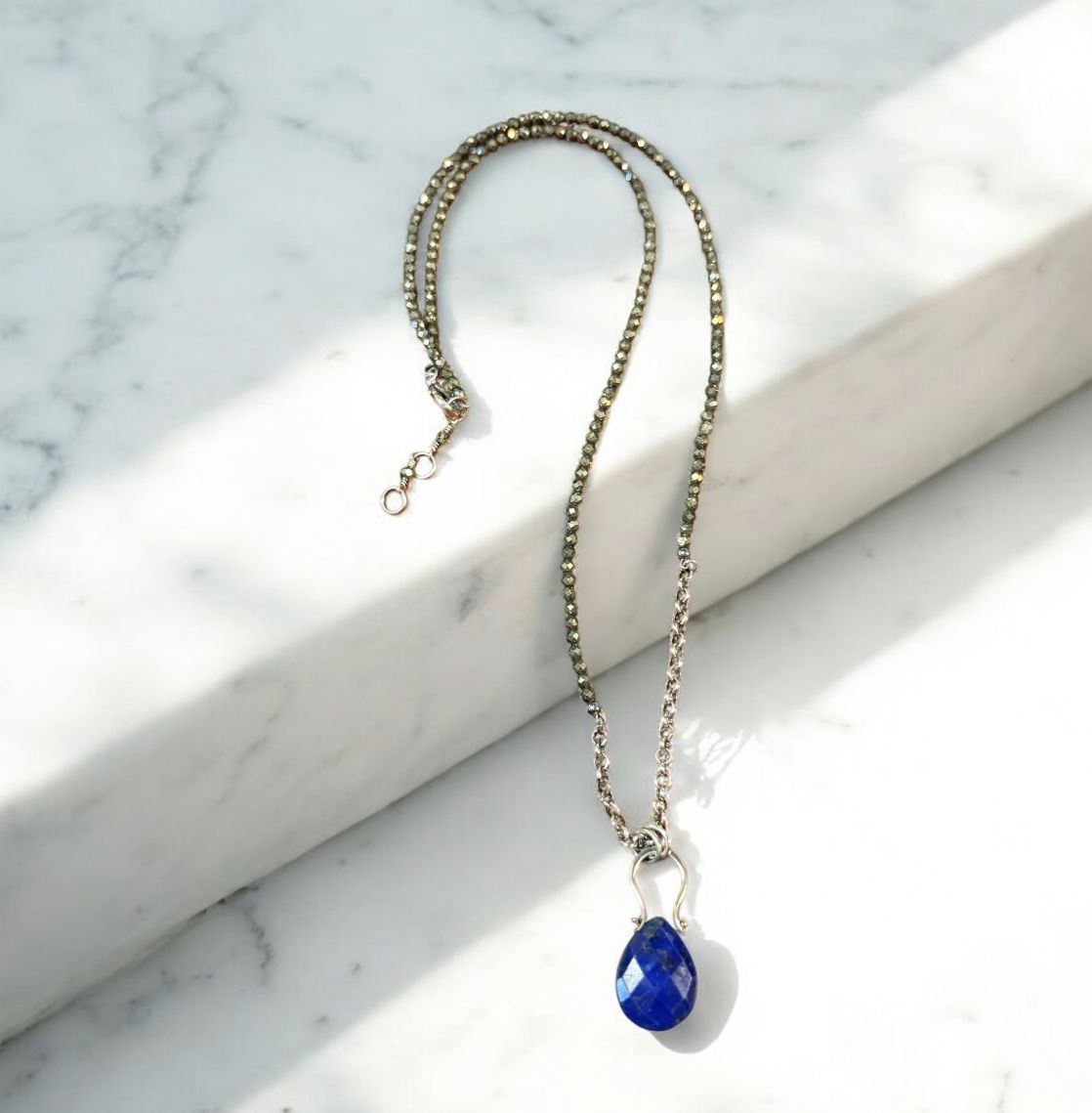 Littoral Necklace Faceted Lapis Drop on Pinned Bail and faceted Pyrite  stones