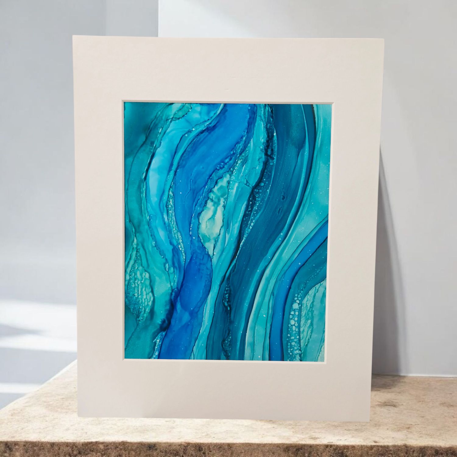 Putz Original- Blue Green and Dark Green Abstract Matted Painting 11x14