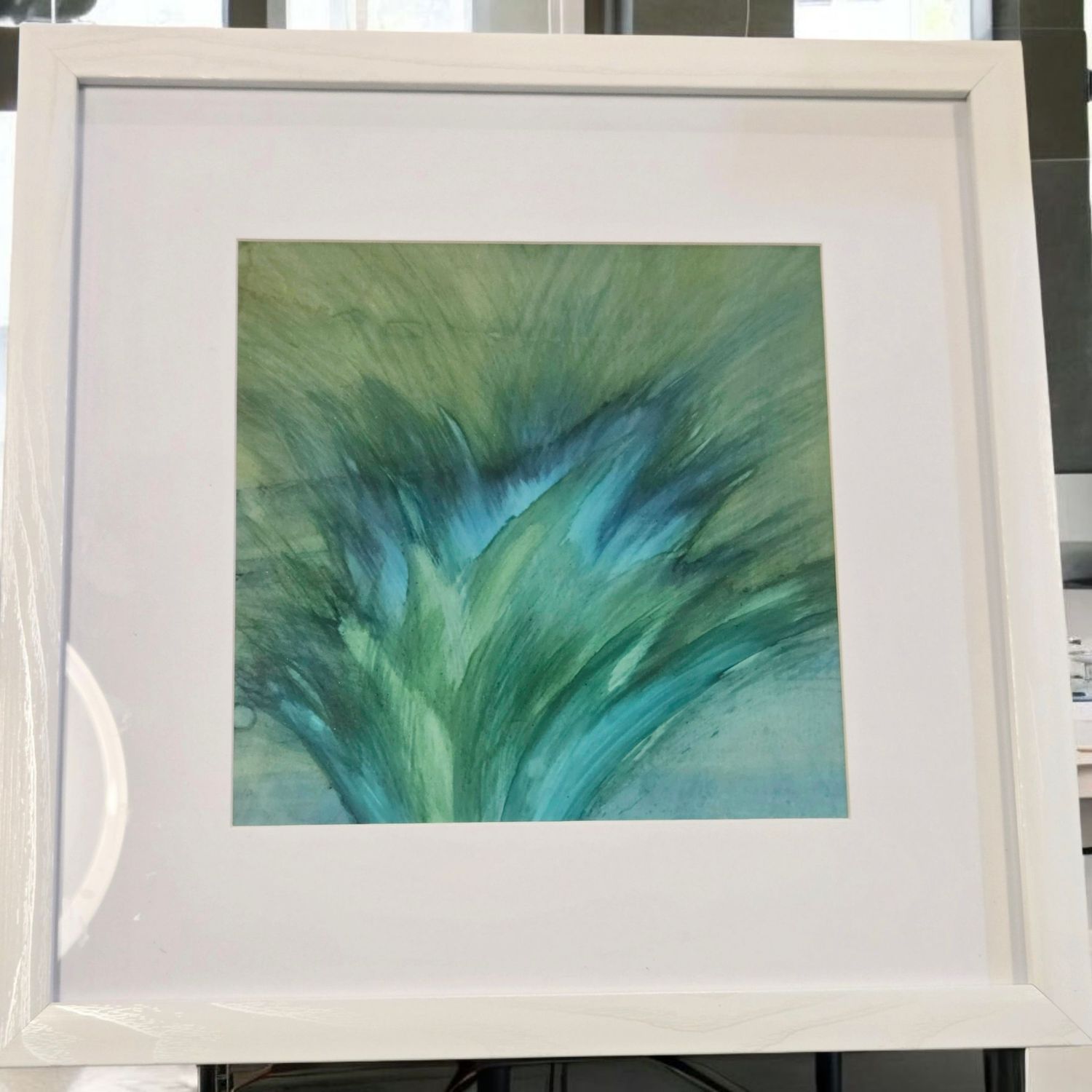 Putz Original- Leafy Greens Abstract Framed Painting 13 x 13