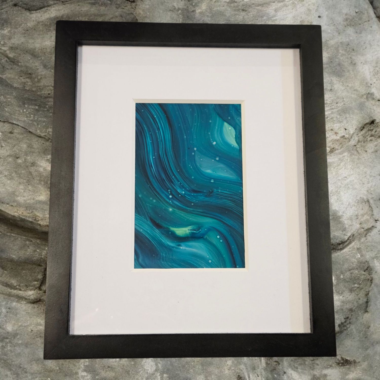 Putz Original- Green Galaxy Abstract Framed Painting 9 x 11