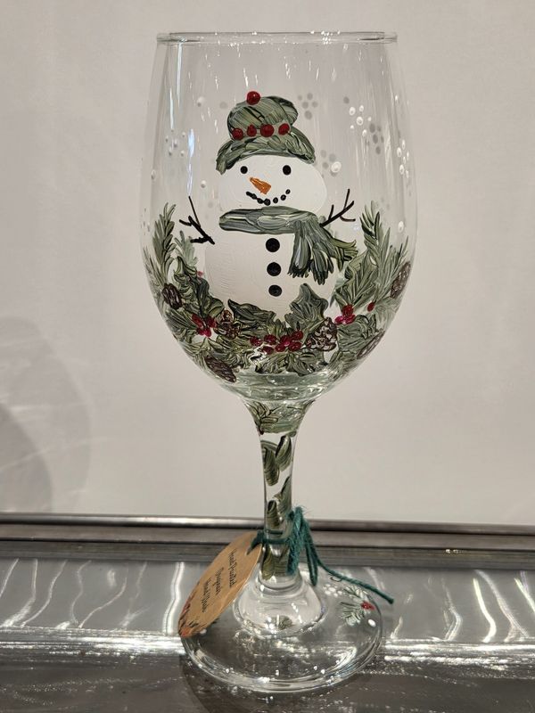 Snyder Hand Painted 20 oz Wine Glass Snowman W/Holly