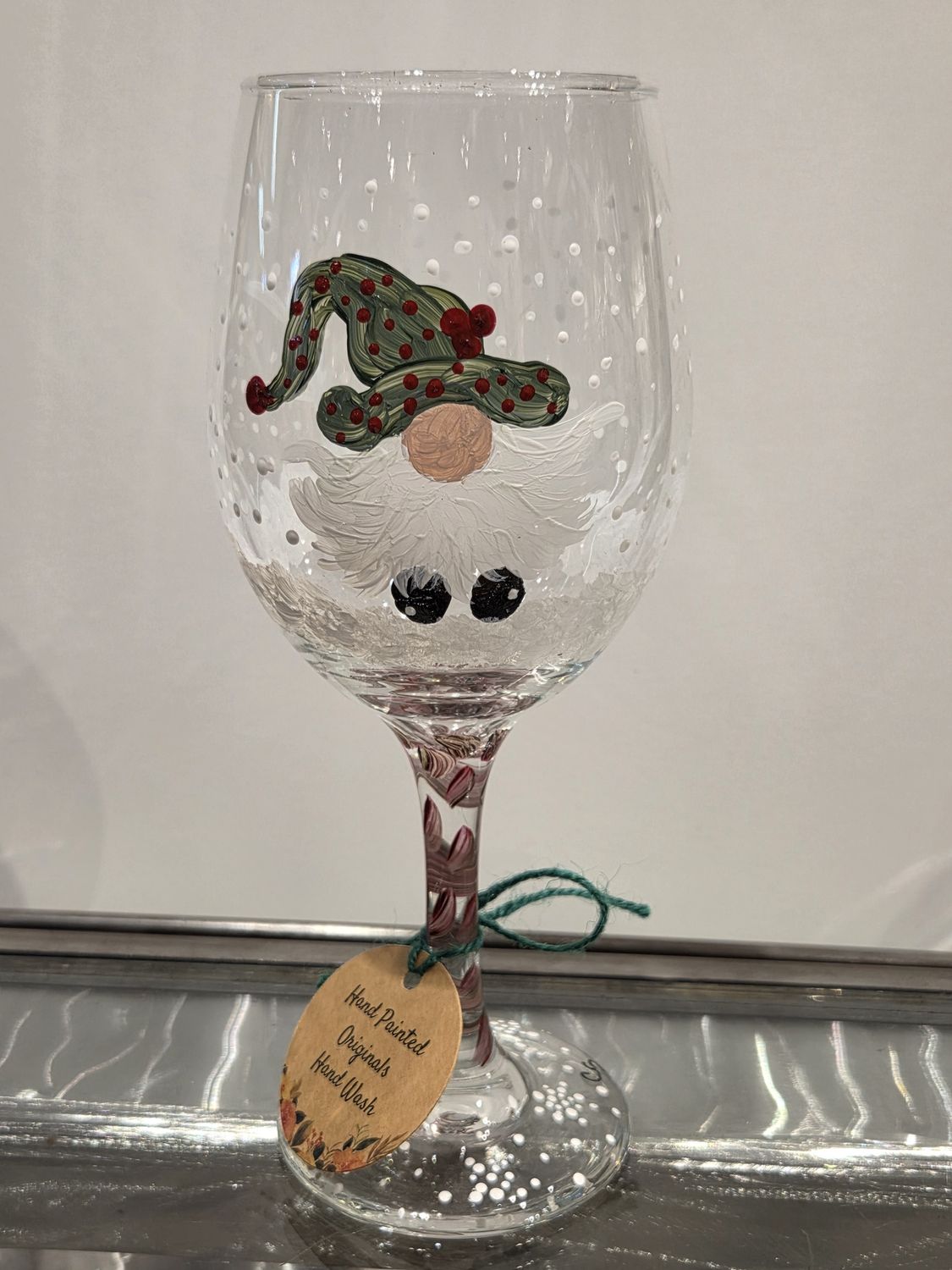 Snyder Hand Painted 20z Wine Glass Gnome Green Hat