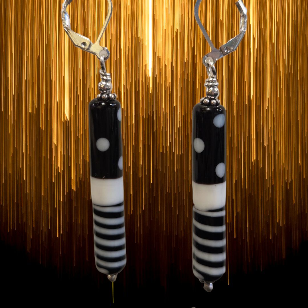 Page Earrings Black and White Lampwork