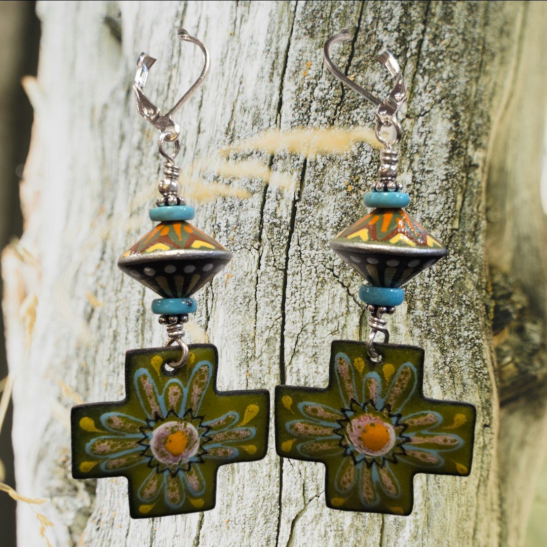 Page Earrings Green Enamled Crosses