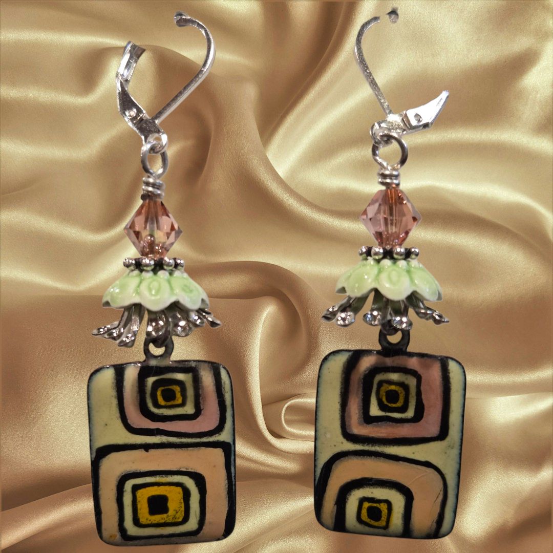 Page Earrings Pink and Green Enameled