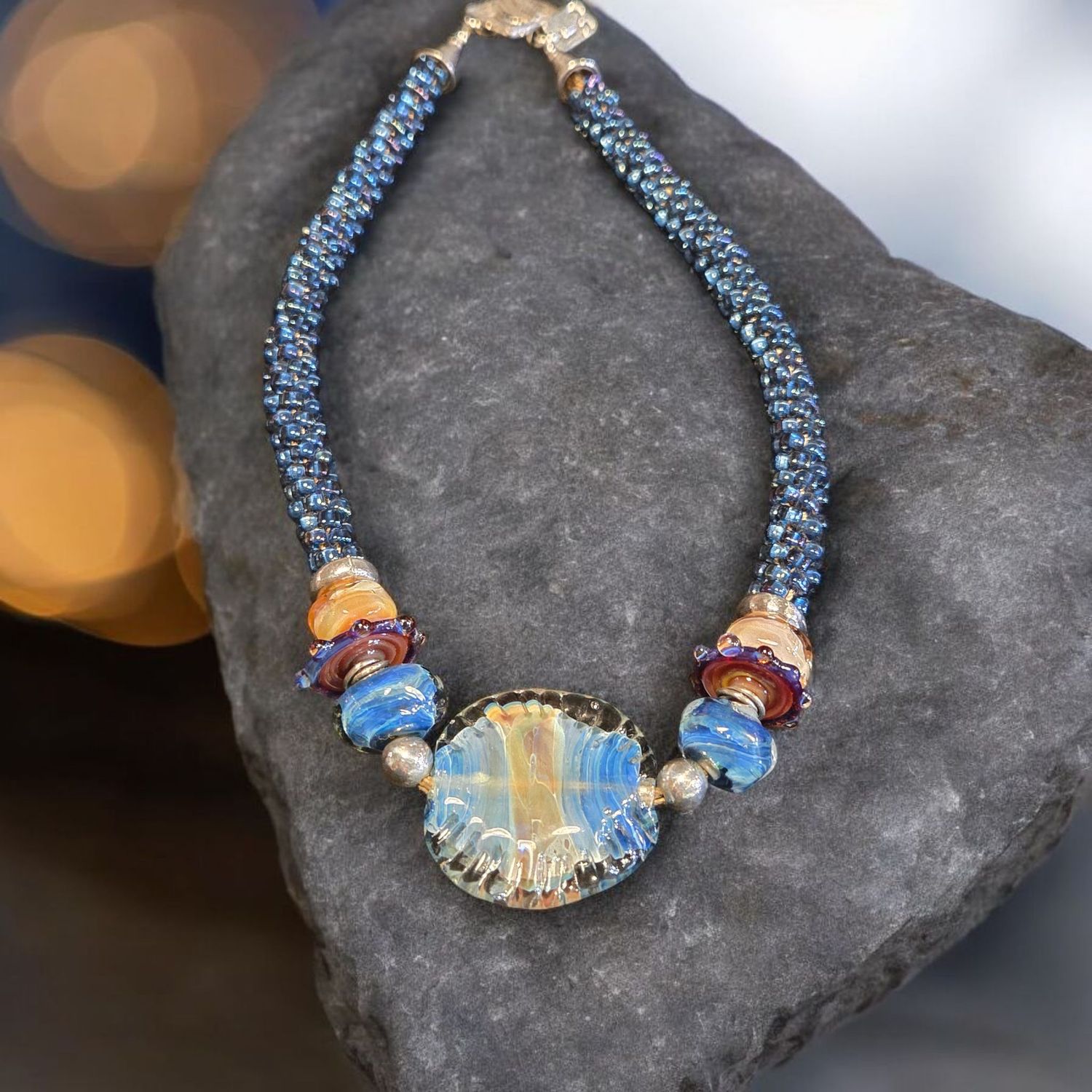 Page Necklace- Blue Kumihimo with Lampwork