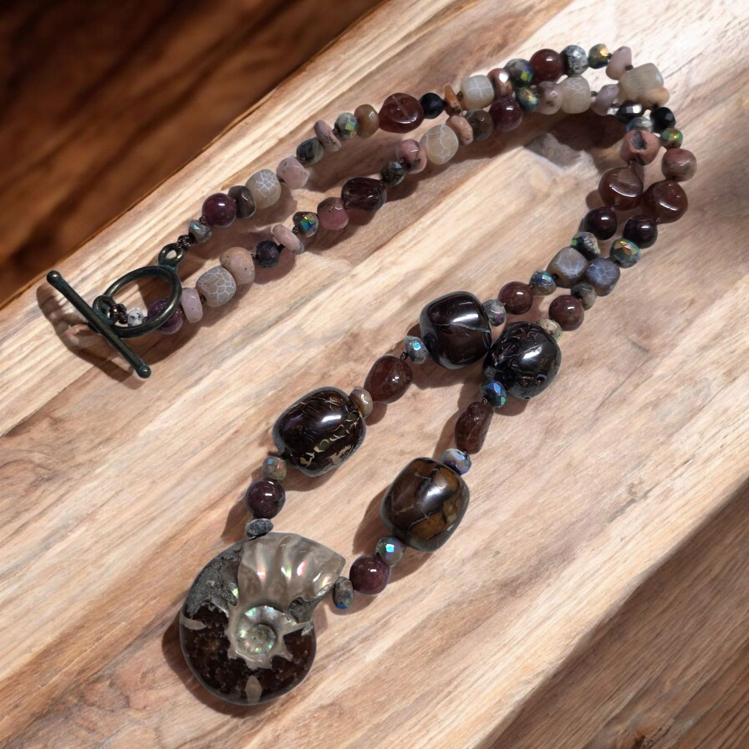 Logan Necklace Ammonite, Ruby, Carnelian Australian Opal