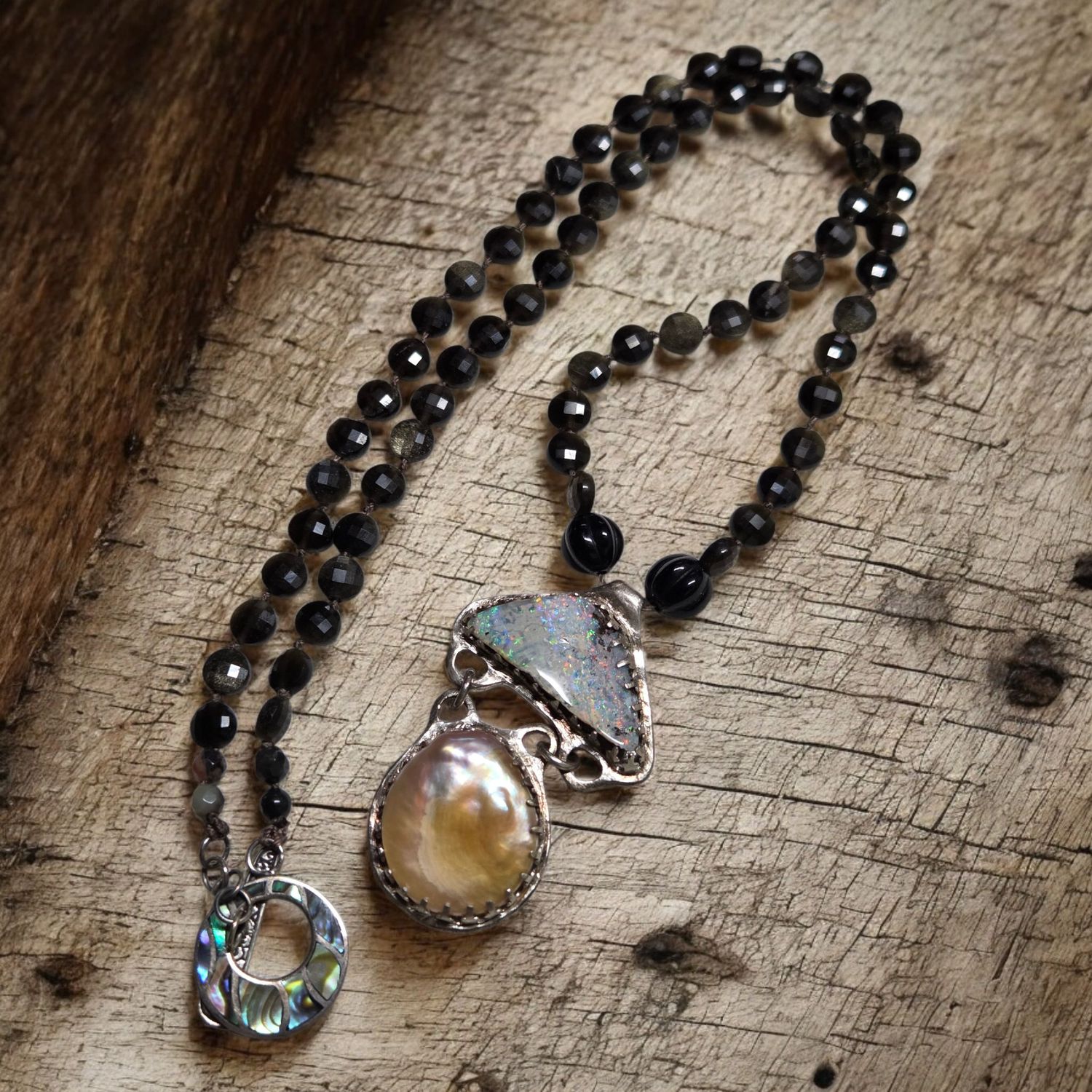 Logan Necklace Baroque Pearl, Australian Opal, Sheen Obsidian