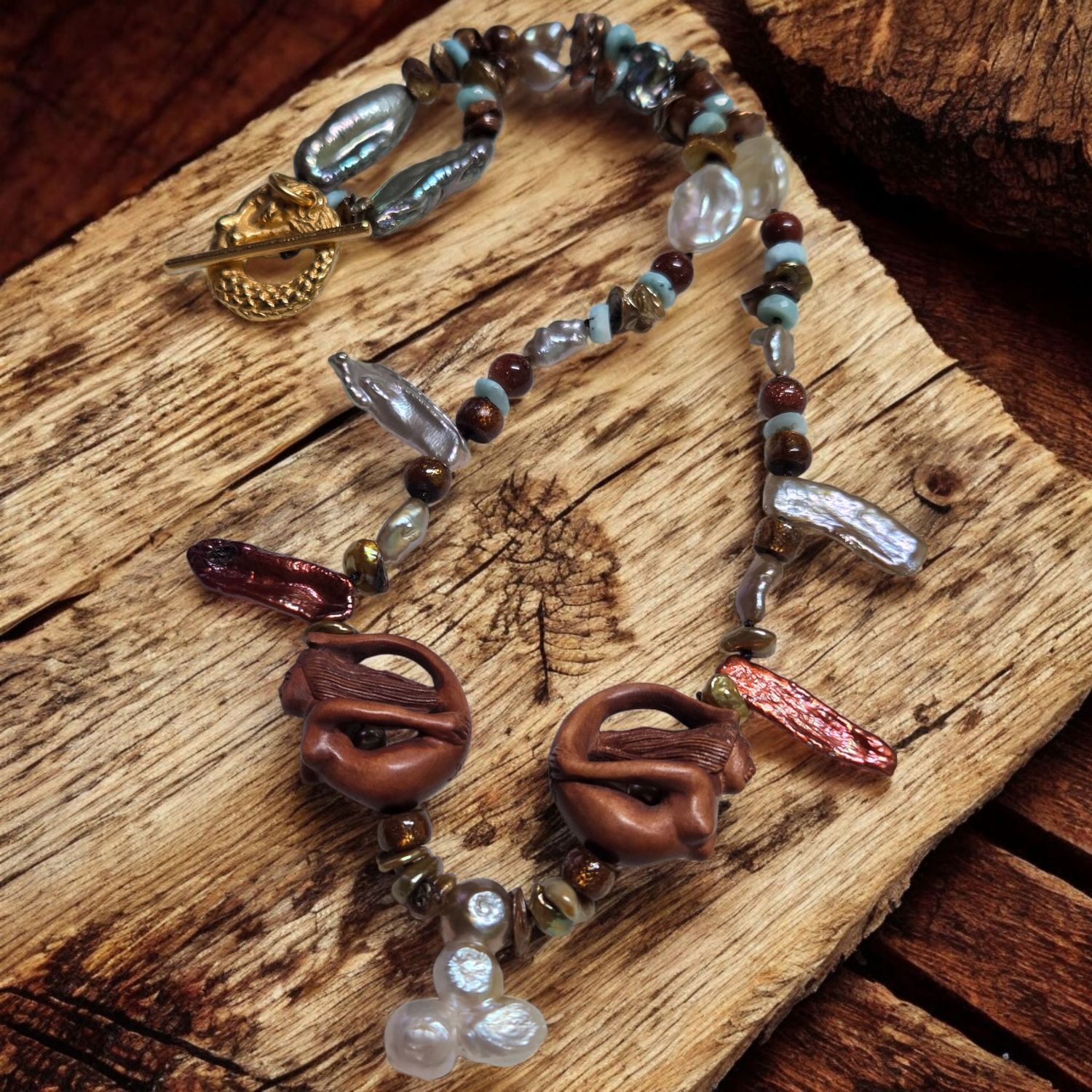 Logan Necklace Baroque Pearl, Carved Mermaid Seeds, Keshi Pearl