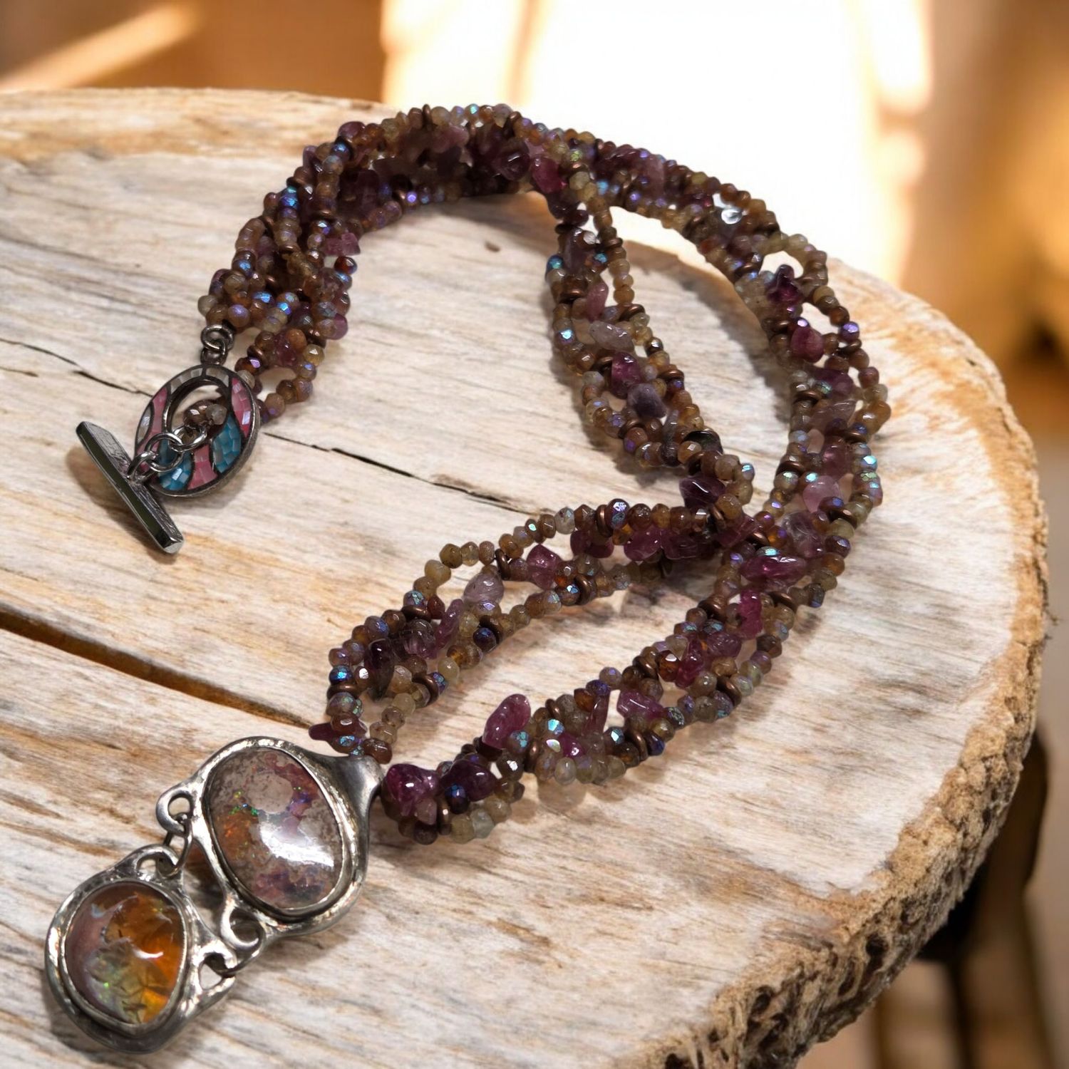 Logan Necklace Mexican Fire Opals on Tourmaline Collar Chain