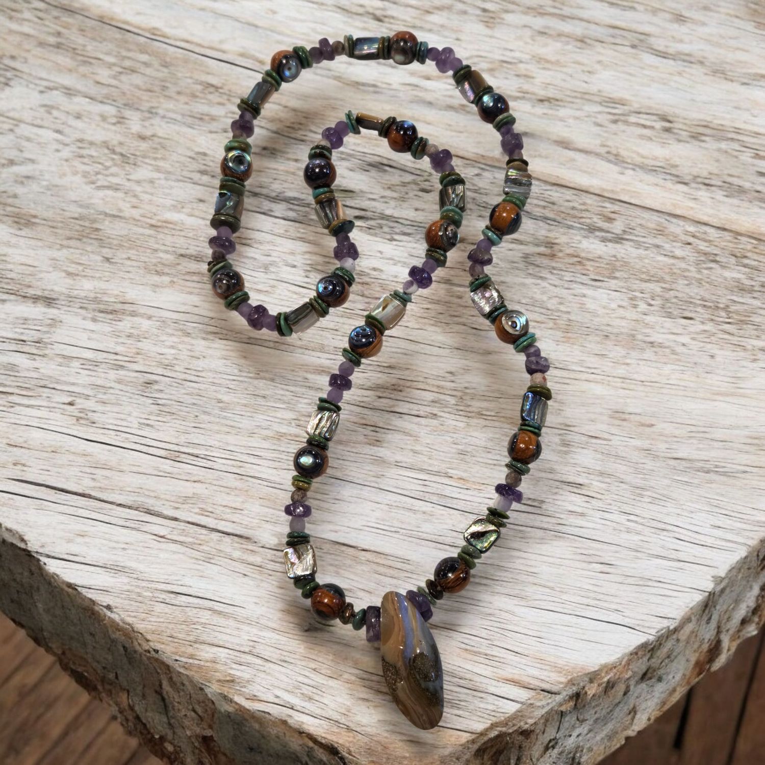 Logan Necklace Egyptian Prayer Beads, Abalone, Chinese Turquoise and Matte Amethyst