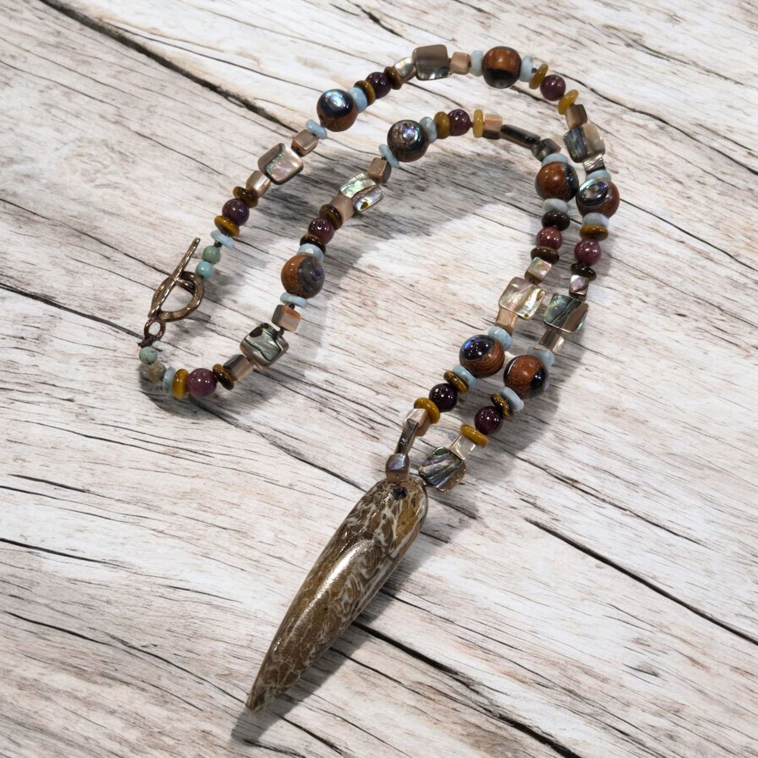 Logan Necklace Arigos Coral, Ablone, Larimar Prayer Beads