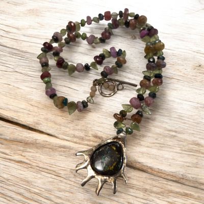 Logan Necklace Australian Opal in Bear Claw Pendent with Tourmaline