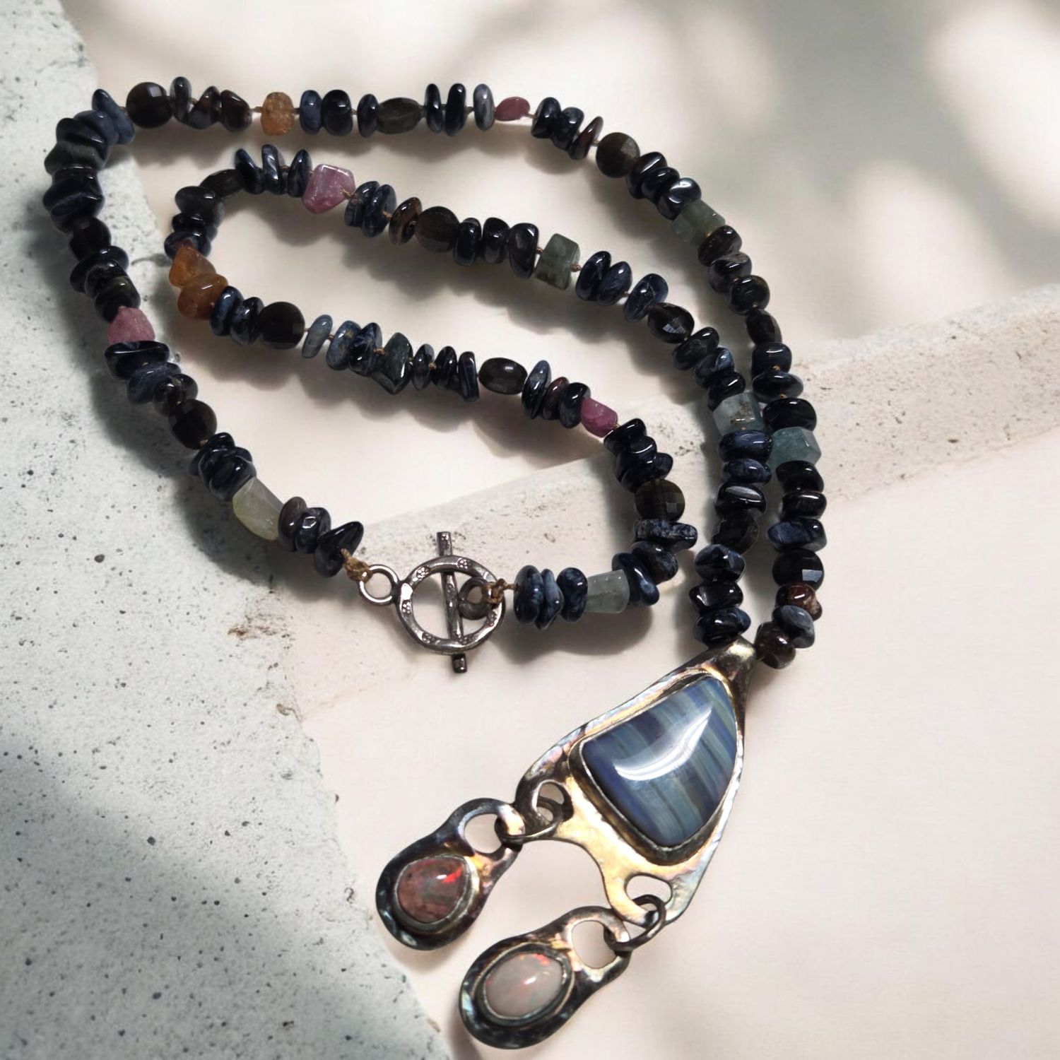 Logan Necklace Mexican Fire Opals and Australian Opal Boulder with Pietersite and Tourmaline