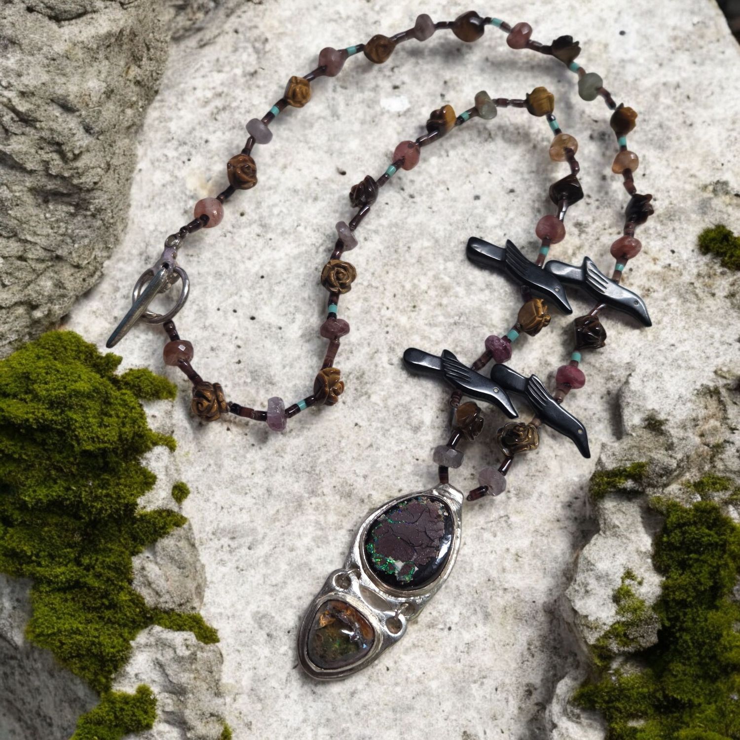 Logan Necklace Yowah Stone and Mexican Fire Opal with Tiger&#39;s Eye and Tourmaline
