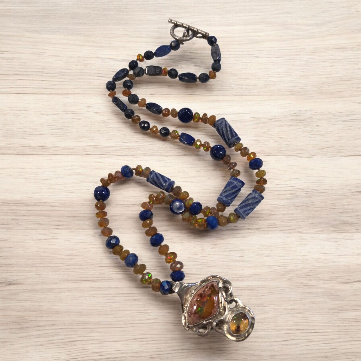 Logan Necklace Mexican Fire Opal with Ethiopian Opal and Lapis Lazuli