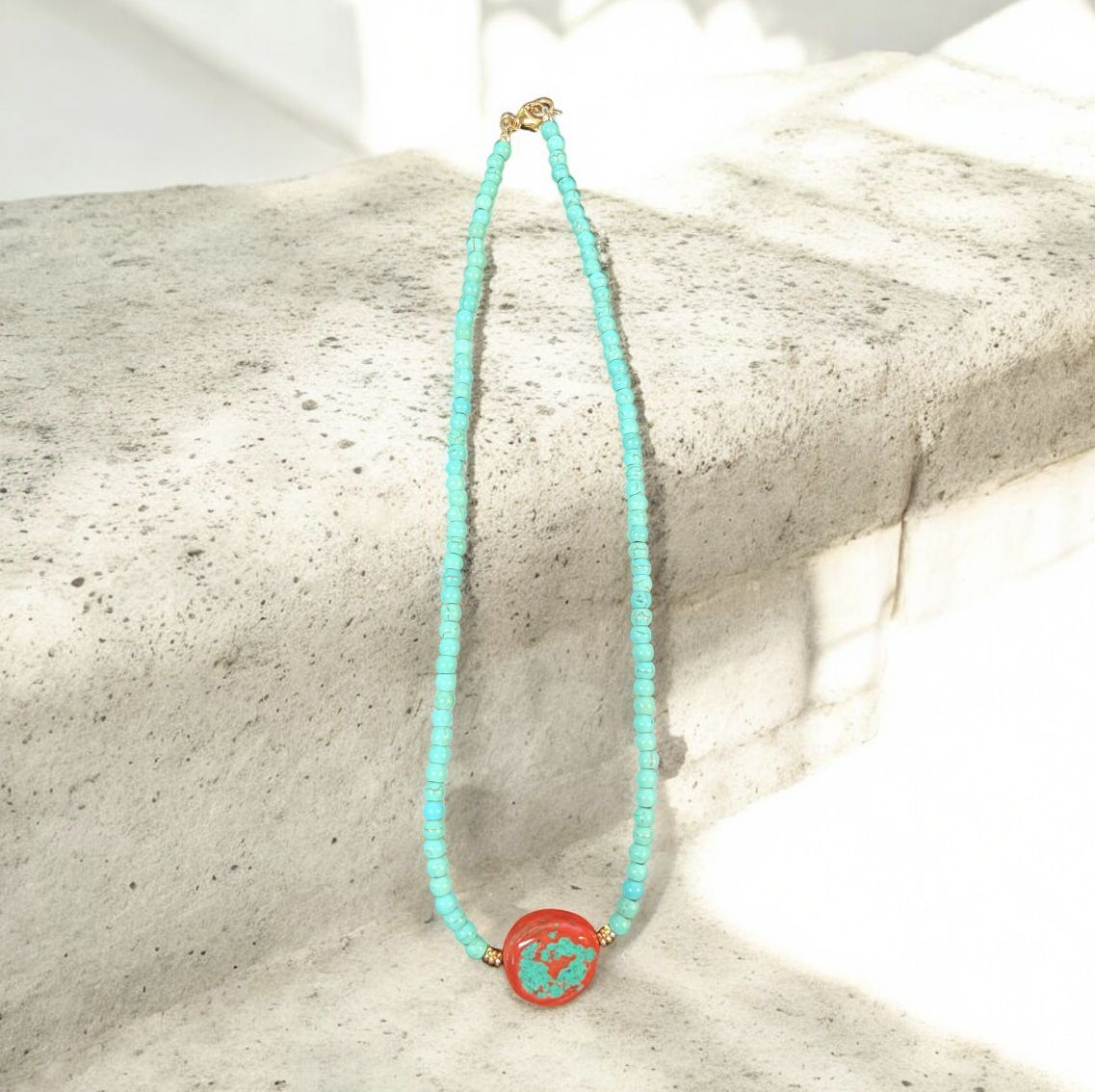Bourie Necklace Turquoise with Pendant of Coral Inlaid with Turquoise