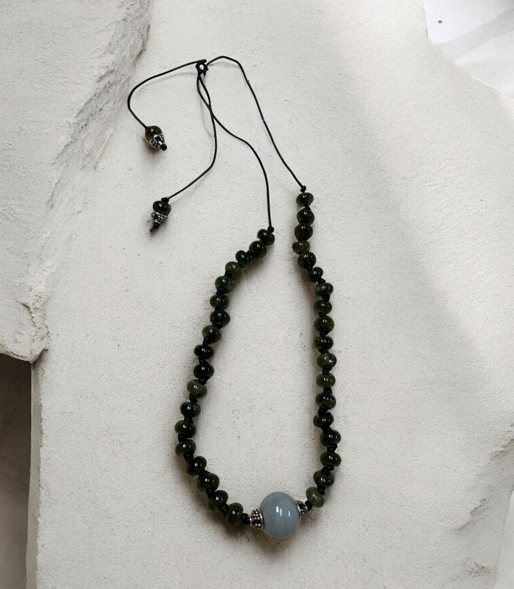 Bourie Necklace Green Moldavite with Celadon Jade Center on Hand Knotted Leather Cord