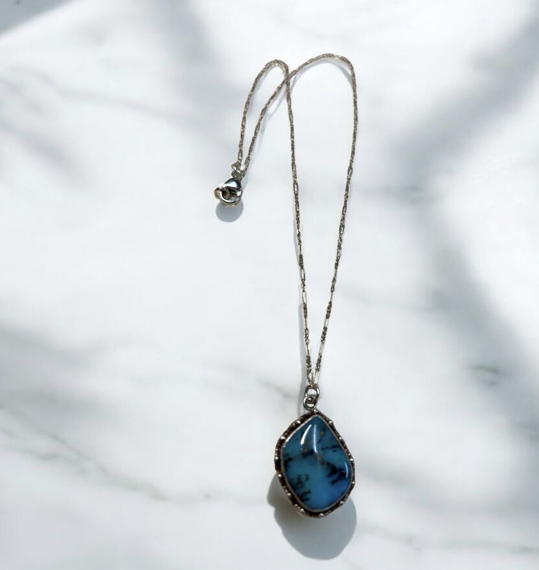 Bourie Necklace Blue Peruvian Opal on Sterling Chain