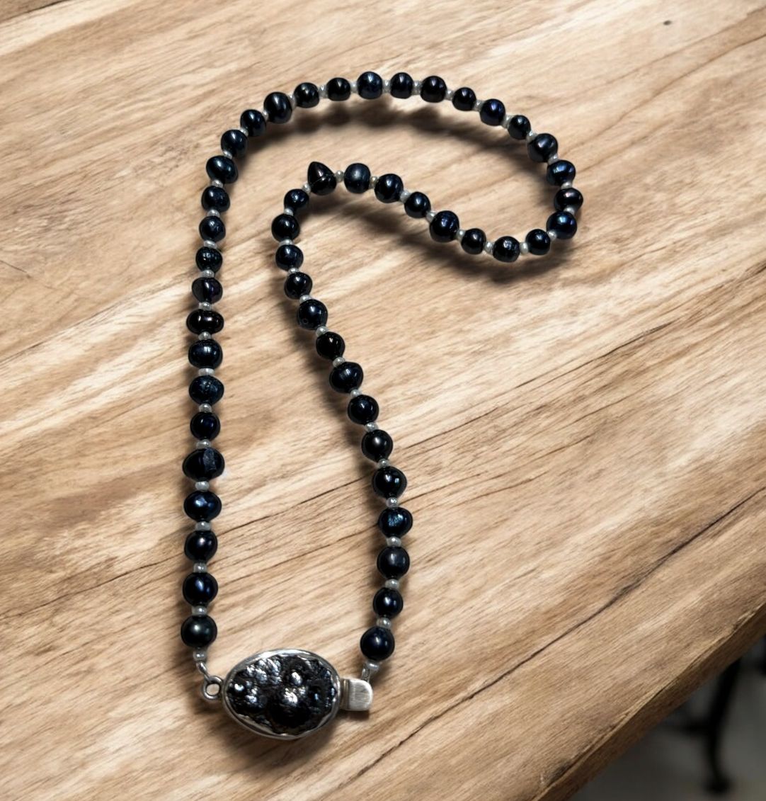 Bourie Necklace Black and White Freshwater Pearls W/Hematite Clasp