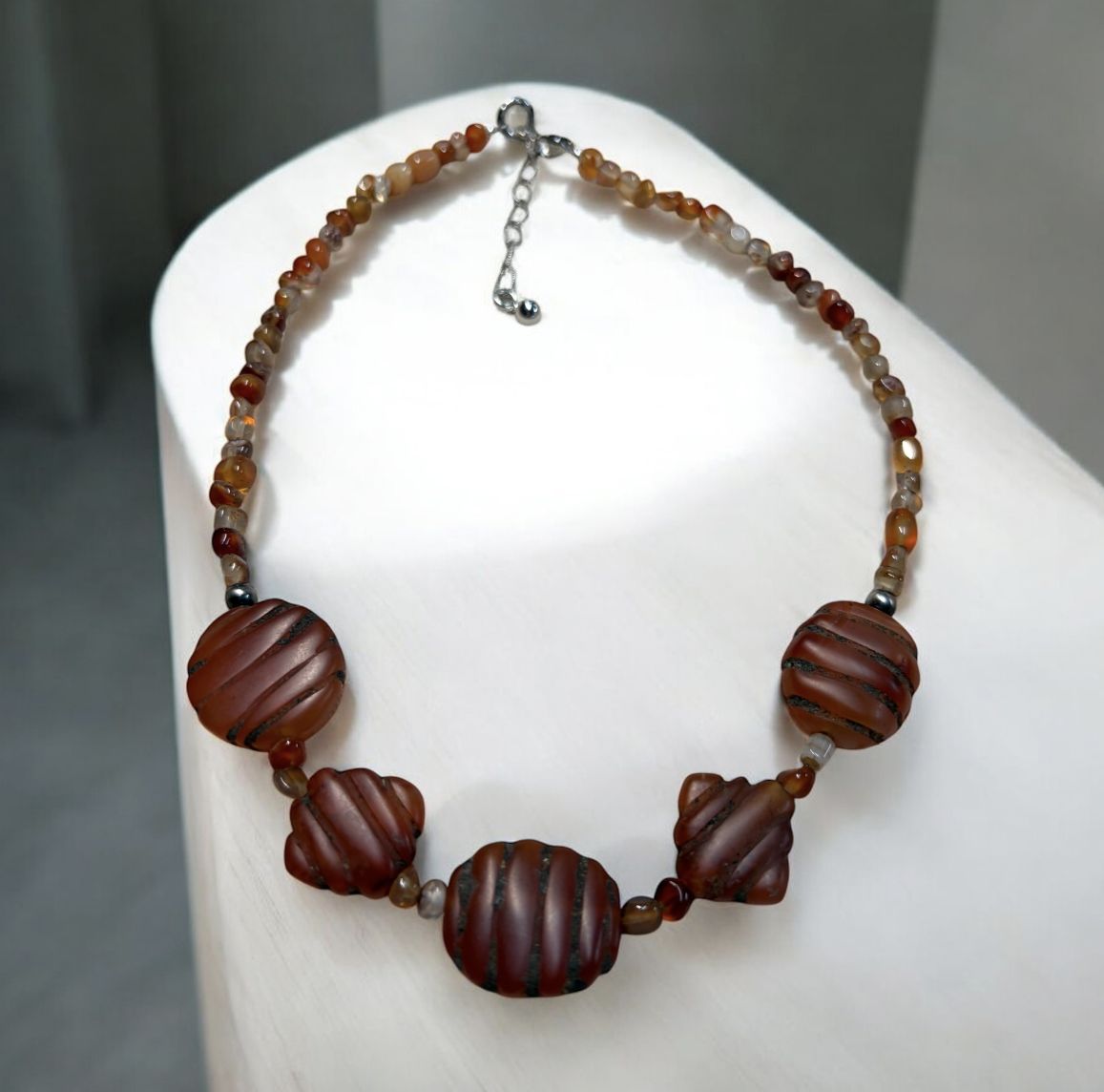 Bourie Necklace Multi Shape Carved Carnelian Stones W/Silver Accents