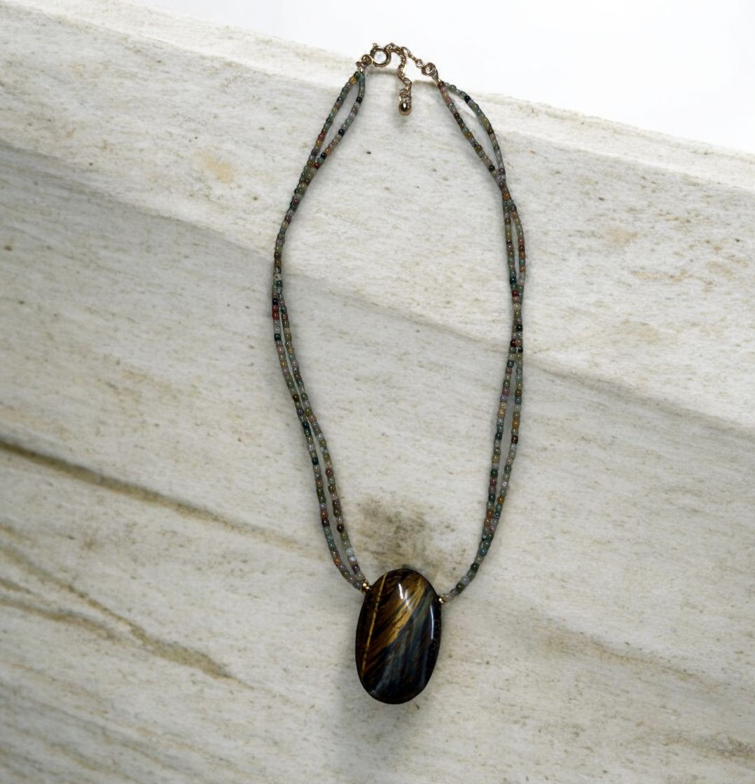 Bourie Necklace Blue Tiger Eye Oval pendant on Double Strand of Tiger Eye