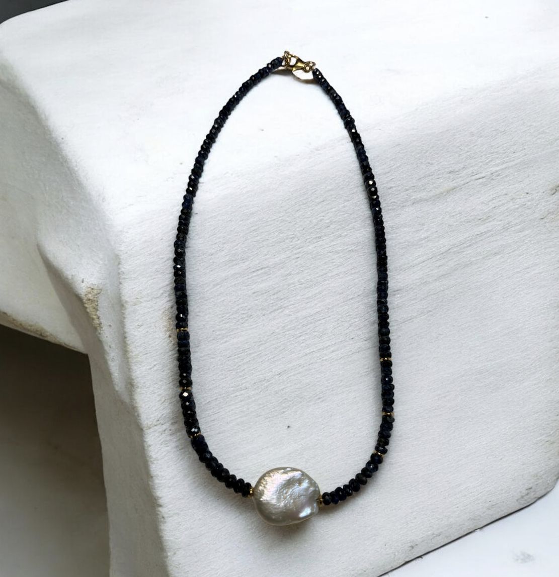 Bourie Necklace Graduated Sapphire with Large White Freshwater Pearl