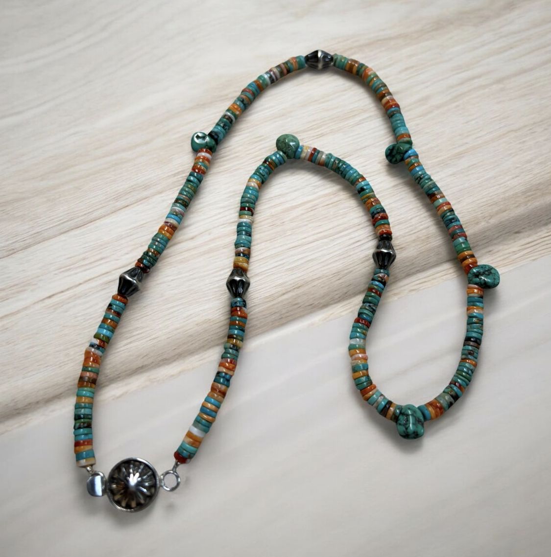 Bourie Necklace Turquoise and Orange Spiny Oyster ,Heishi