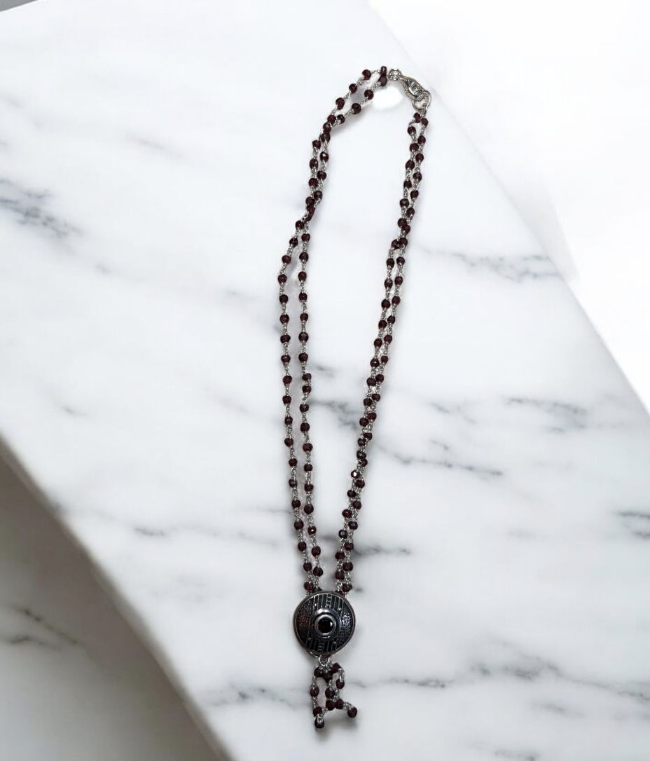 Bourie Necklace Garnet and Sterling Rosary Style with Sterling Pendant with Garnet