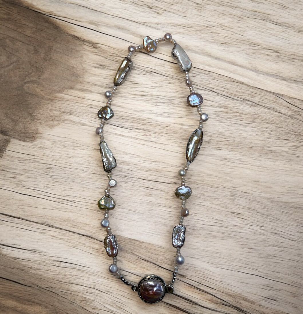 Bourie Necklace Sterling Silver Rimmed Biwa Pearl with Freshwater,  Keish Pearls