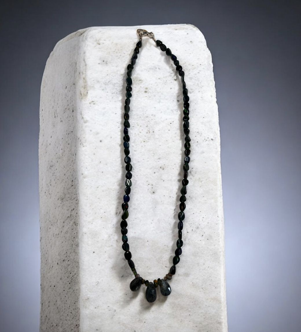 Bourie Necklace Black Ethiopian Opals with Serpentine Briolette&#39;s