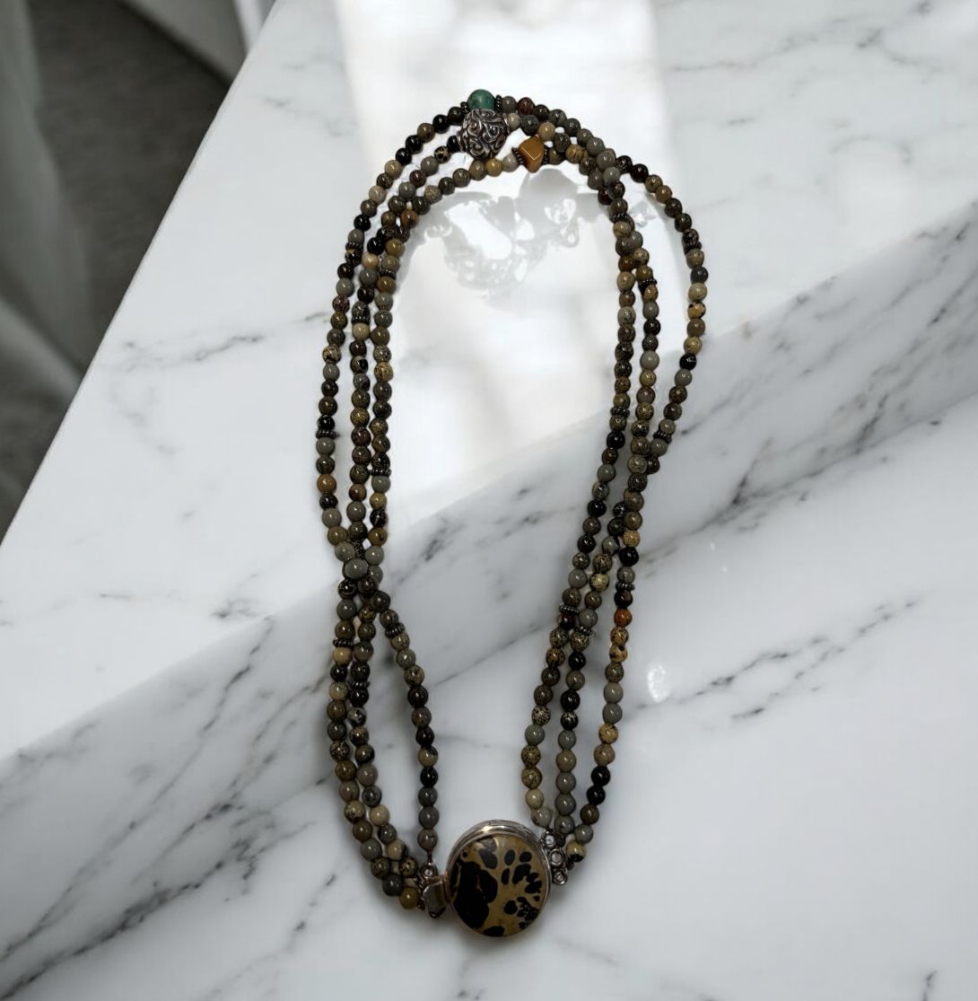 Bourie Necklace Triple Strand Royal Sarah Jasper, Turquoise, and Carnelian