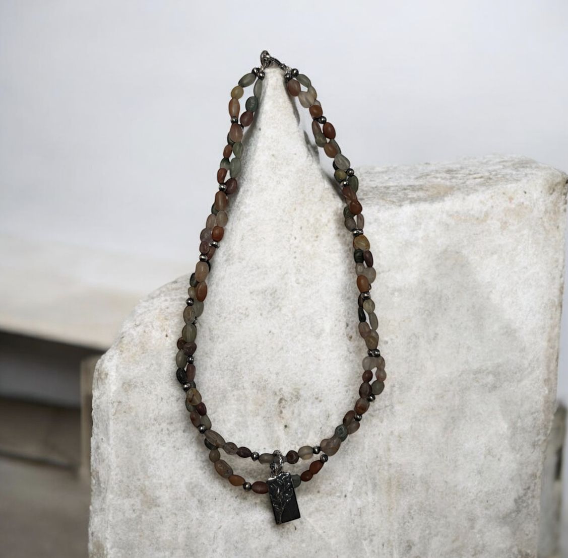 Bourie Necklace Double Strand Lodolite with Sterling Silver Tree Of Life Pendant