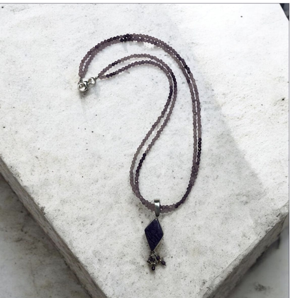 Bourie Necklace Ombre Faceted Charoite  with a Diamond Shape Charoite Pendant  with Dangles