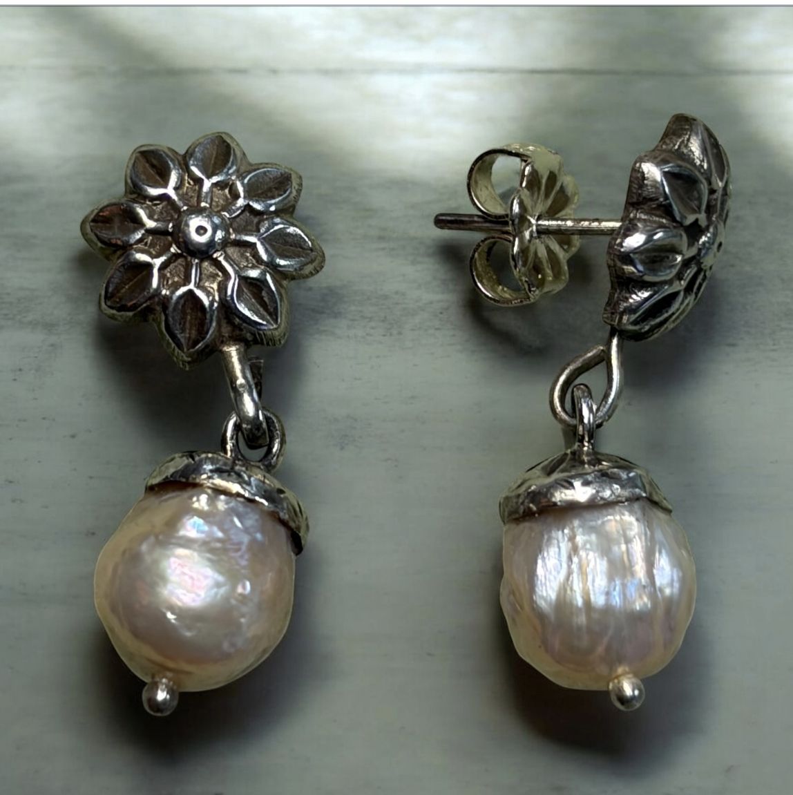 Bourie Post Earring Sterling Flower with Freshwater Pearl Dangle