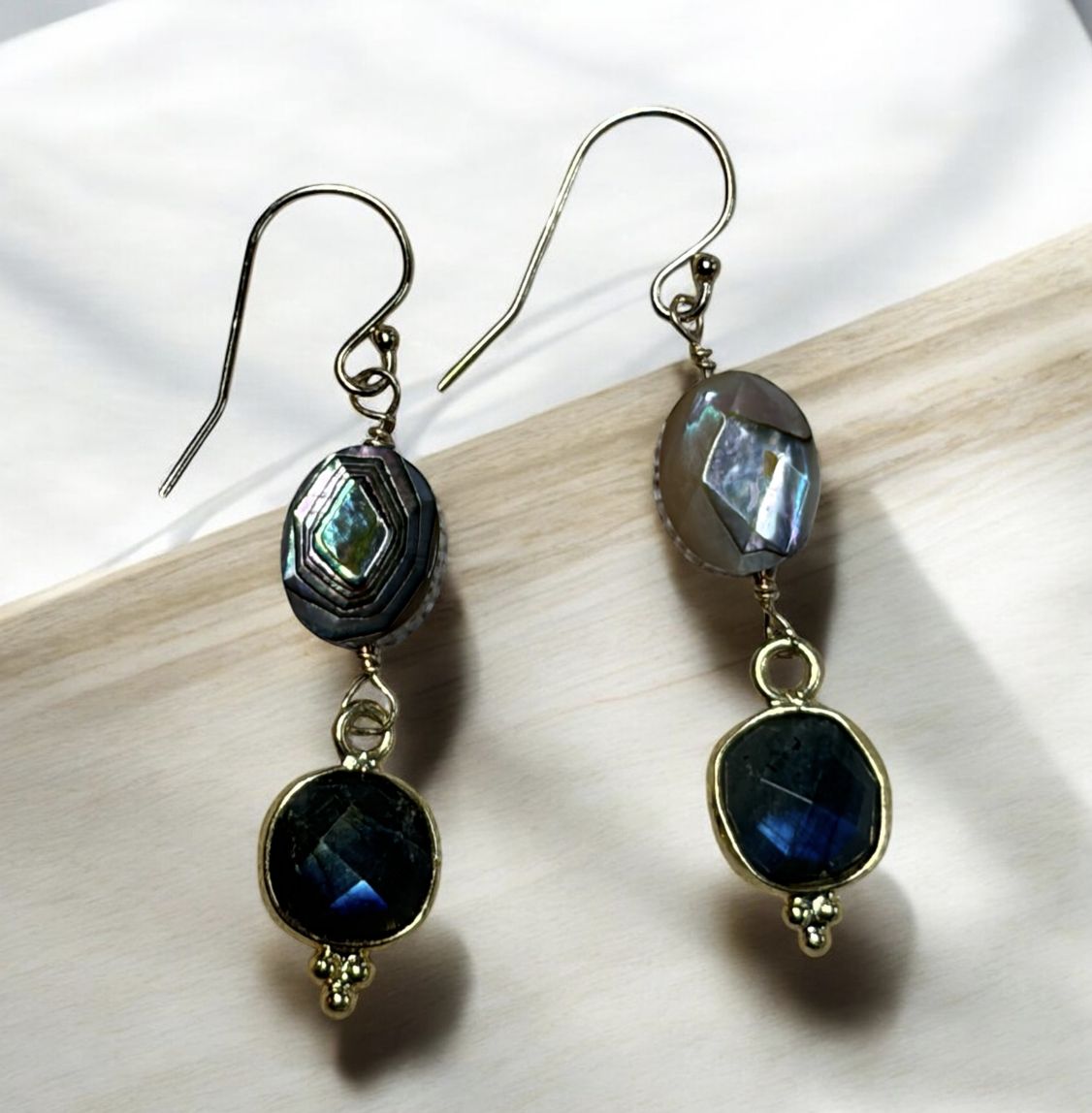 Bourie Earrings Japanese Abalone with Labradorite Drop