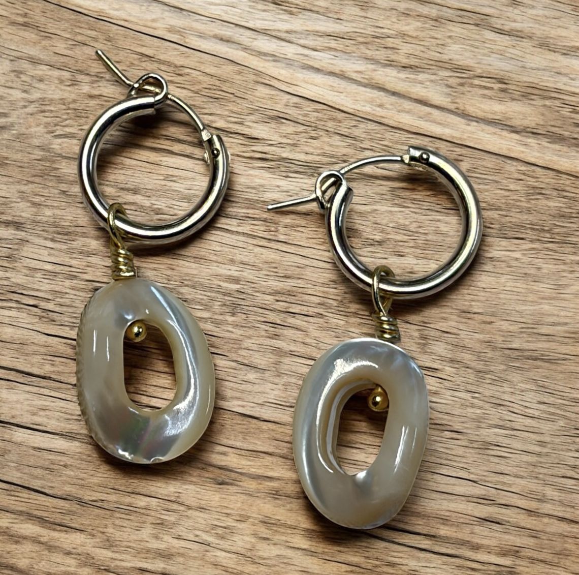 Bourie Earring Gold Hoop with Tan Mother Of Pearl Fancy Oval Dangle