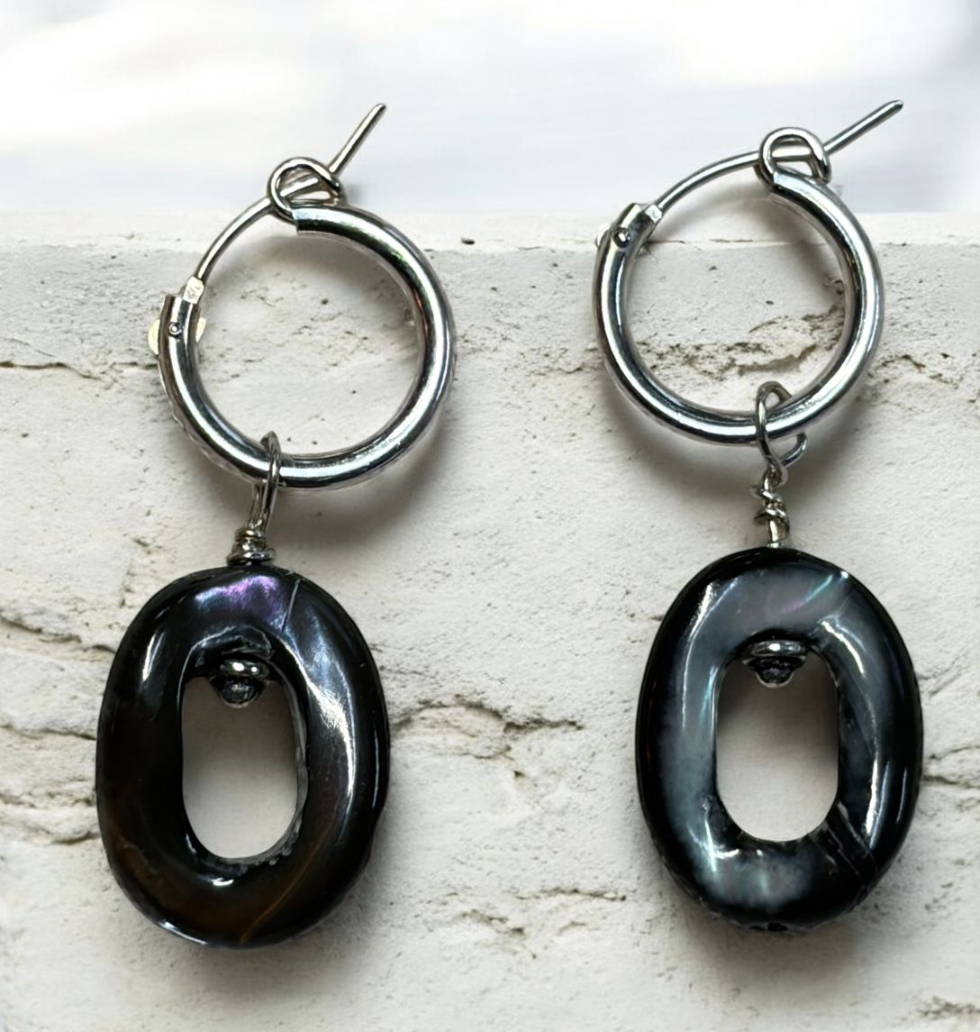 Bourie Silver Hoop with Black Mother Of Pearl Fancy Oval Dangle