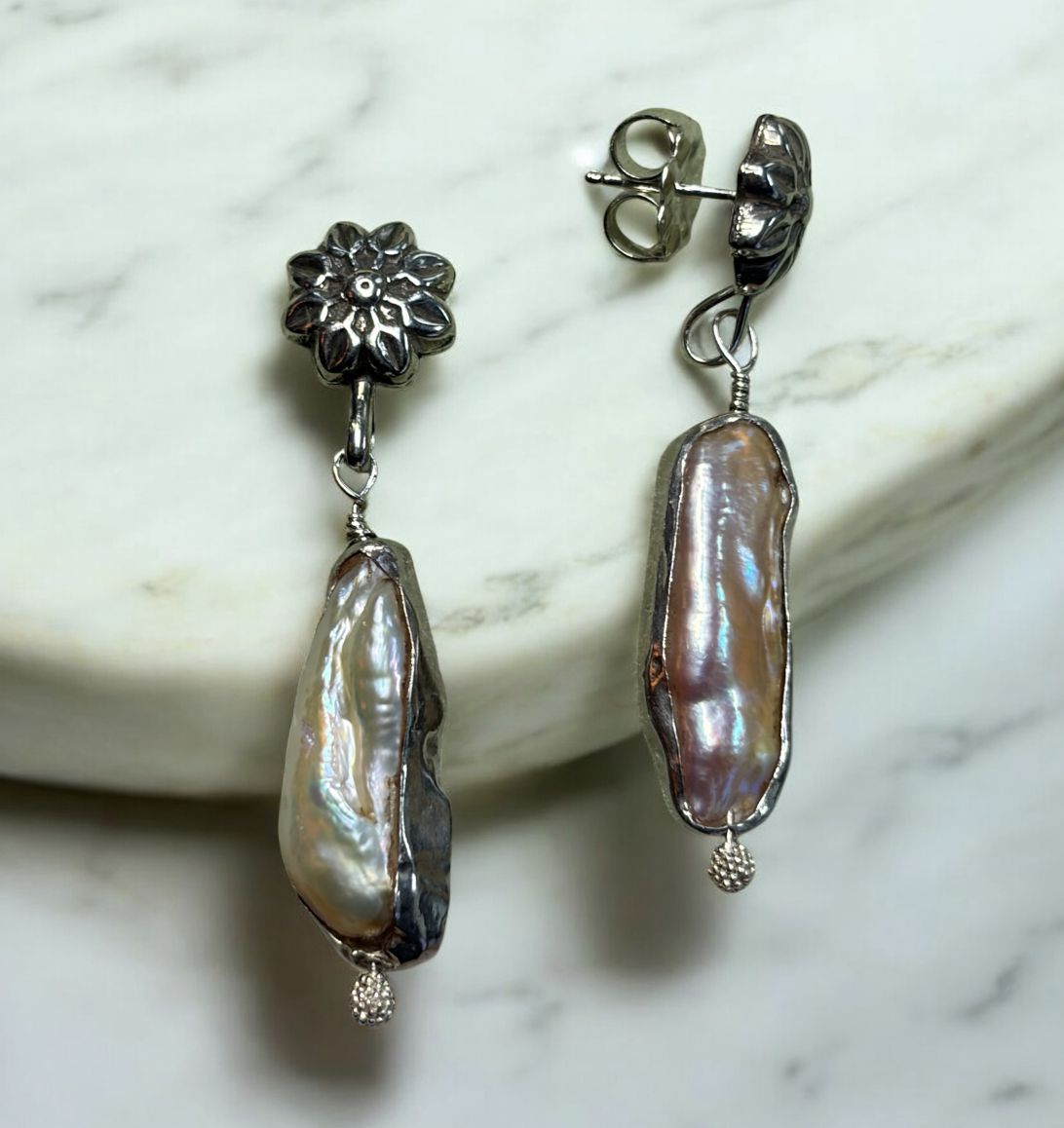 Bourie Earring Sterling Flower with Silver Framed Biwa Pearl Dangle