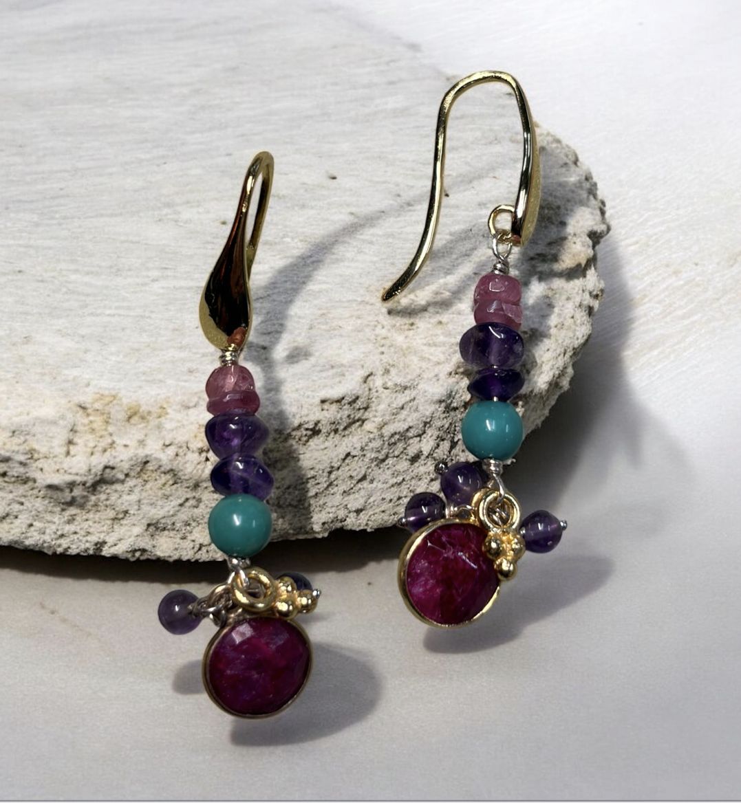 Bourie Earrings Pink Tourmaline, Amethyst, Turquoise, and Ruby Charm Dangles