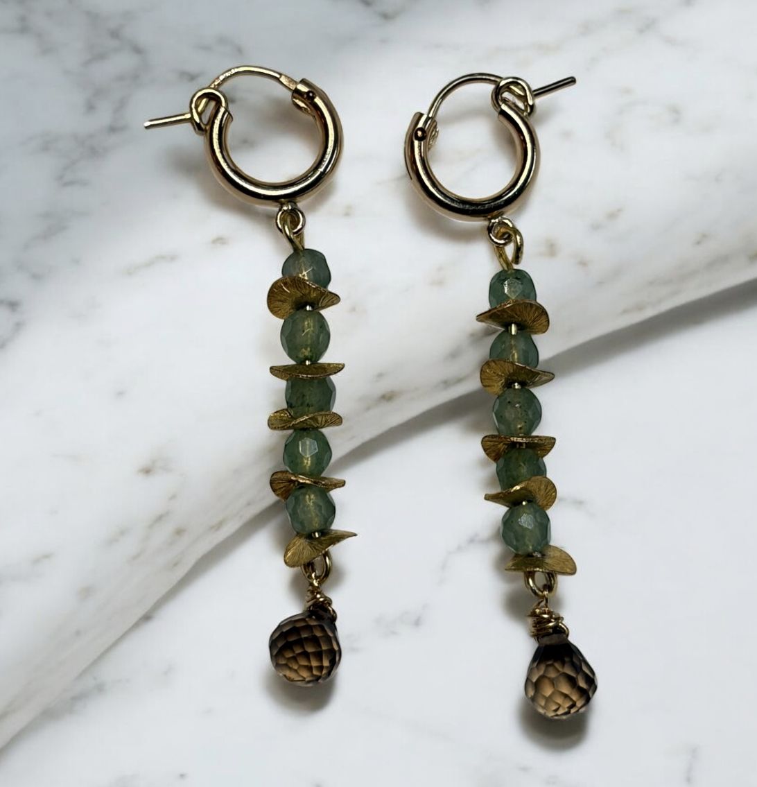 Bourie Earring Gold Hoop and Wave with Green Quartz and Smokey Quartz Briolette Dangle