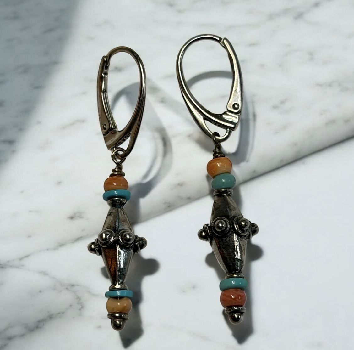 Bourie Earring Turkish Sterling Double Cone with Turquoise and Orange Spiny Oyster